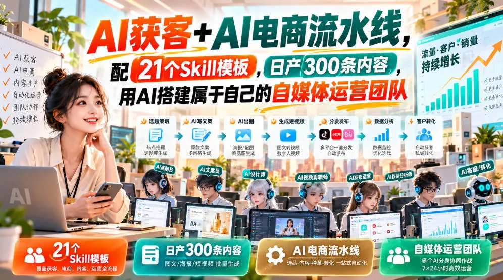 AI获客+AI电商流水线，配21个Skill模板，日产300条内容，用AI搭建属于自己的自媒体运营团队-小灰云创