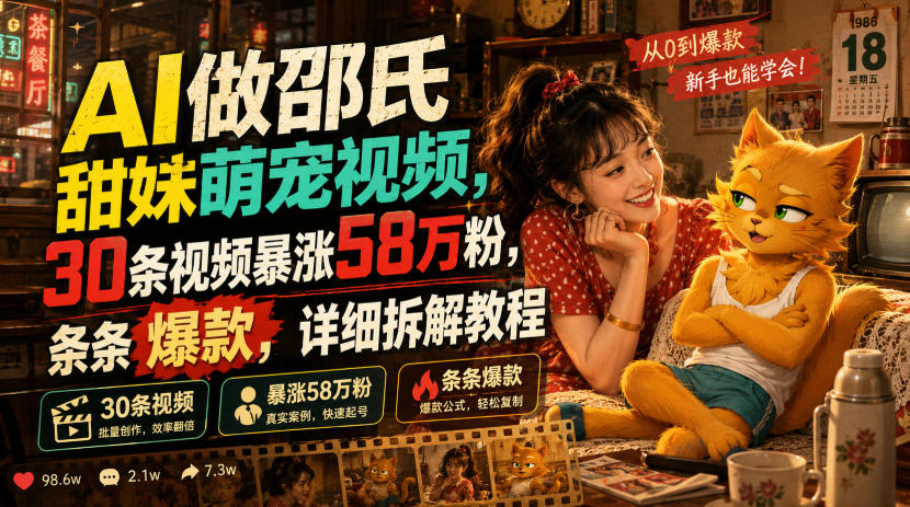 AI做邵氏甜妹萌宠视频,30条视频暴涨58万粉,条条爆款,详细拆解教程-小灰云创