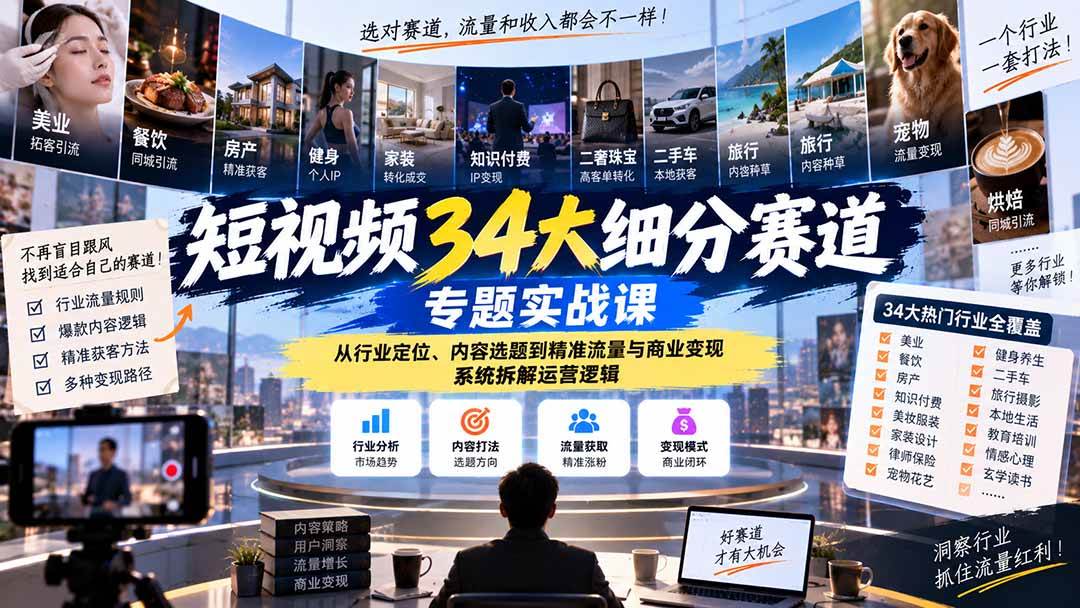 （20600期）短视频34大细分赛道专题实战课：从行业定位、内容选题到精准流量与商业变现，系统拆解运营逻辑-小灰云创
