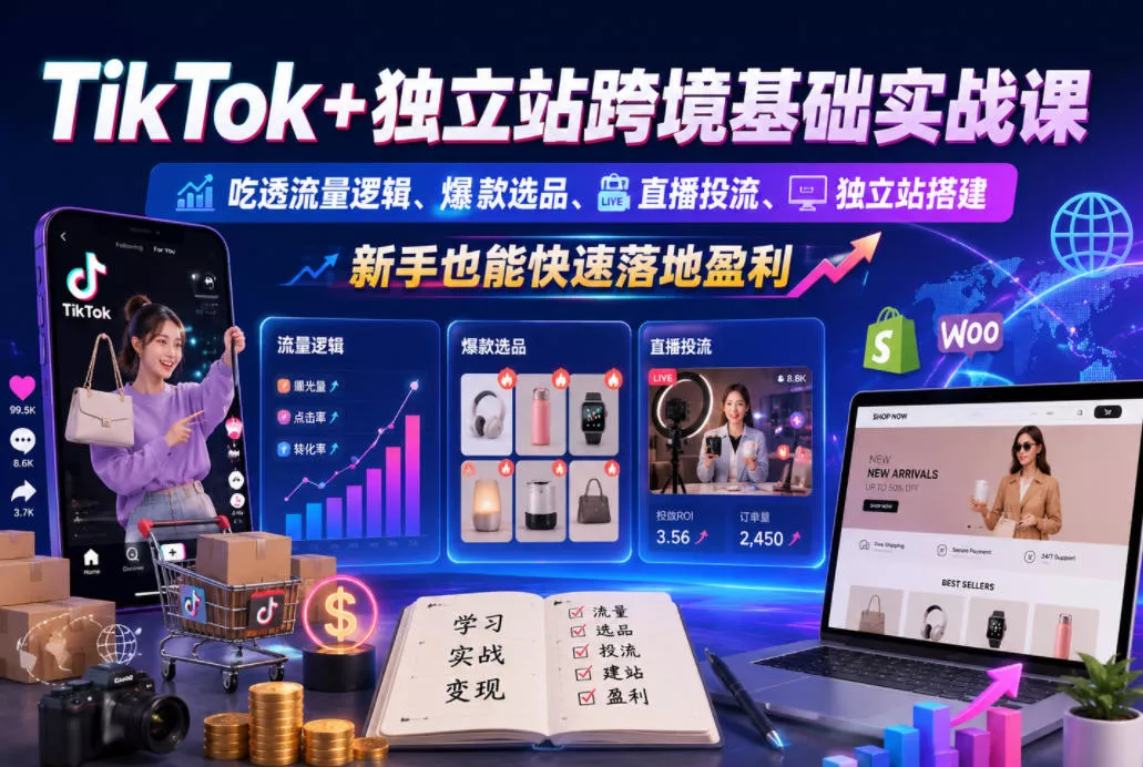 TikTok+独立站跨境基础实战课,吃透流量逻辑、爆款选品、直播投流与独立站搭建,新手也能快速落地盈利-小灰云创