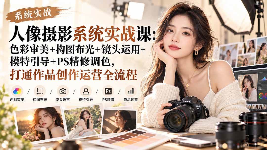 （20623期）【无水印】人像摄影系统实战课：色彩审美+构图布光+镜头运用+模特引导+PS精修调色，打通作品创作运营全流程-小灰云创